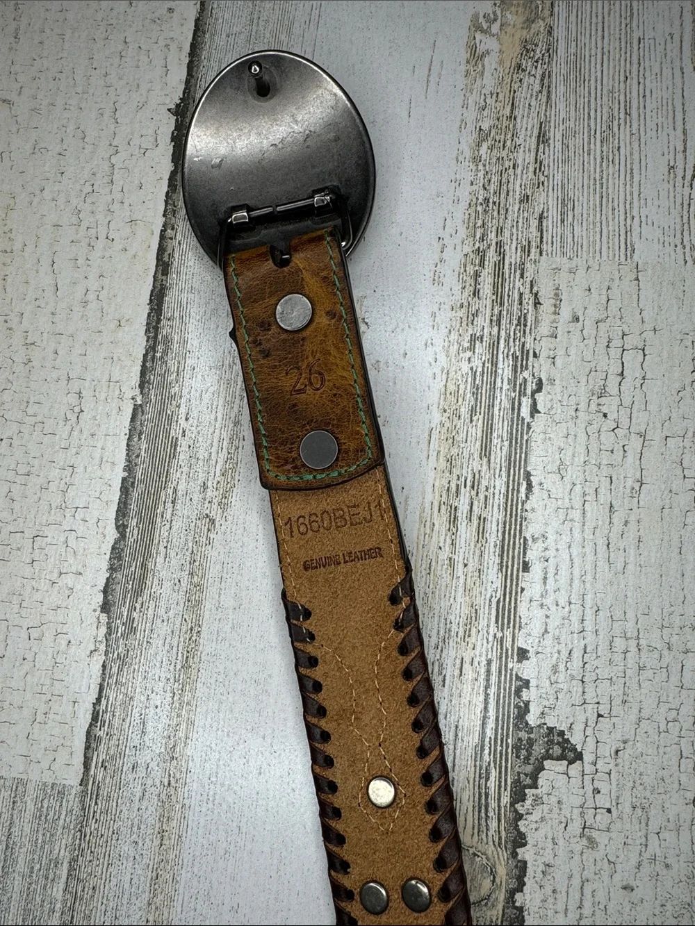 Hooey Leather Distressed Belt Whipstitch Studded Silvertone Removable Buckle 26